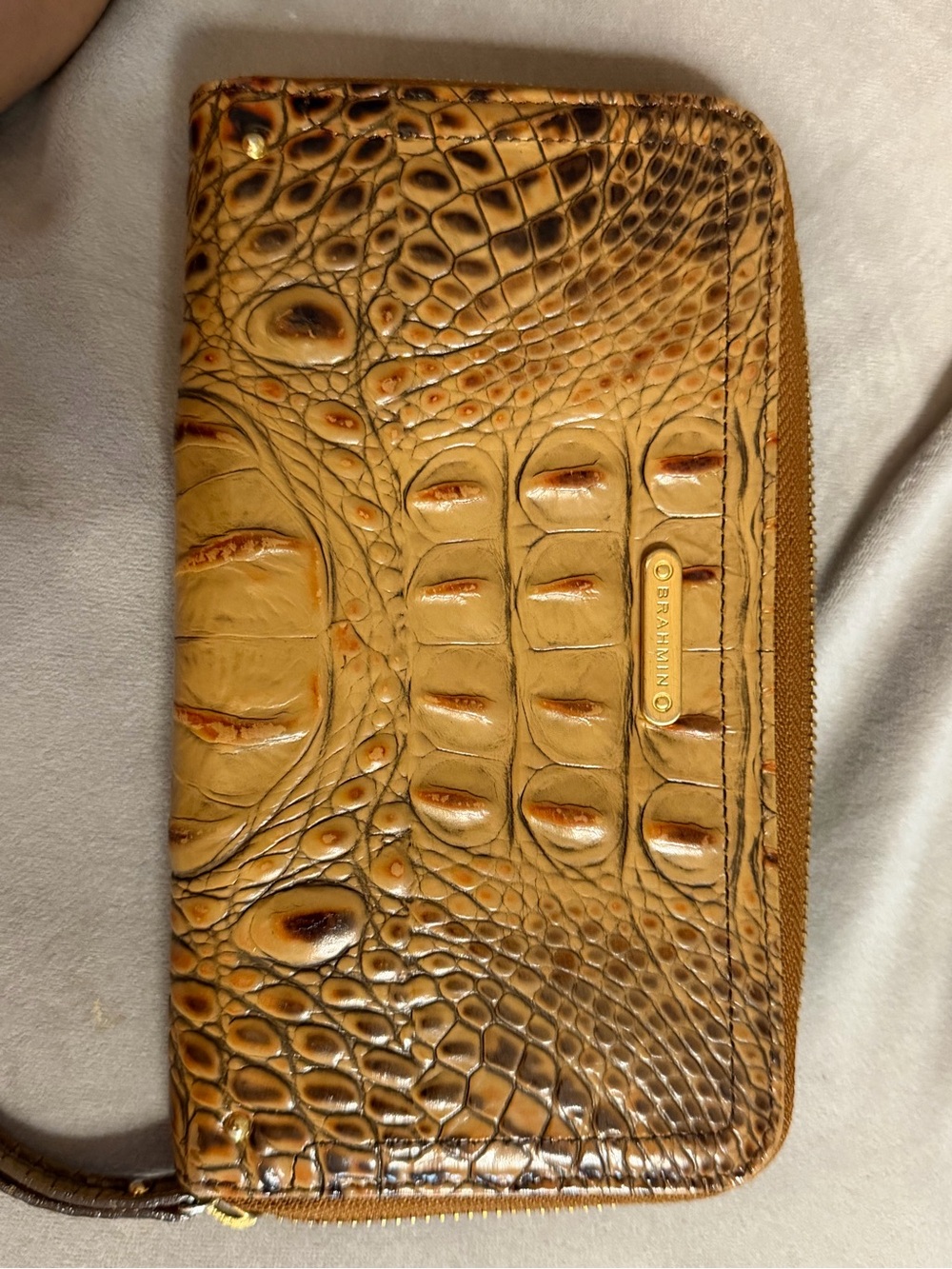 Brahmin Croc-Embossed Leather Wallet in Taupe Brown with Gold Hardware